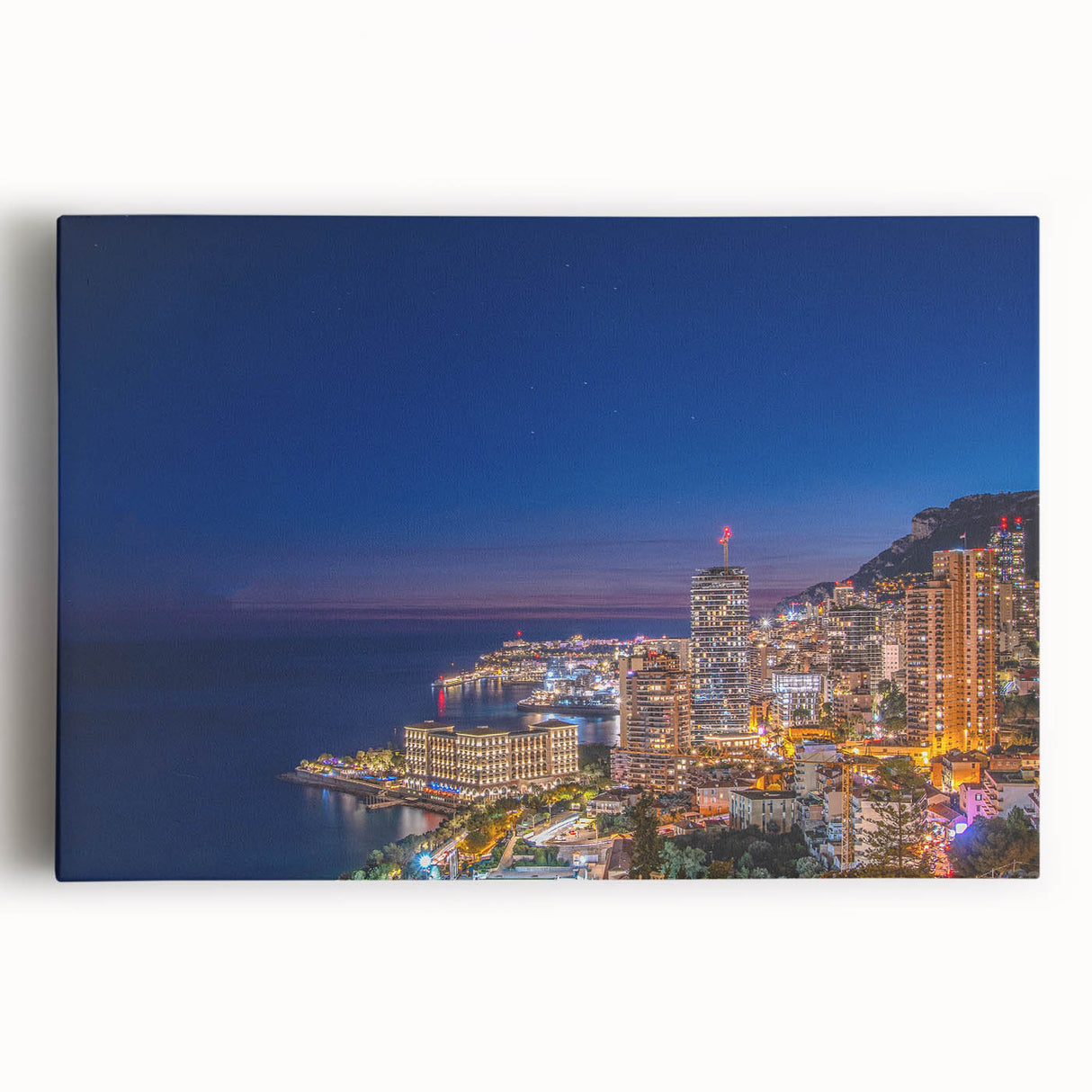 Monaco cityscape in black and white on large stretched canvas, ideal for kitchen wall art or bedroom ambiance.