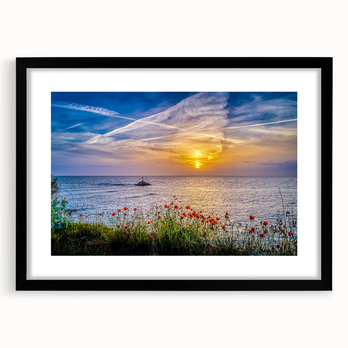 Abstract art print of a colorful Montenegro landscape in vibrant hues on a large framed canvas, ideal for living room decor.