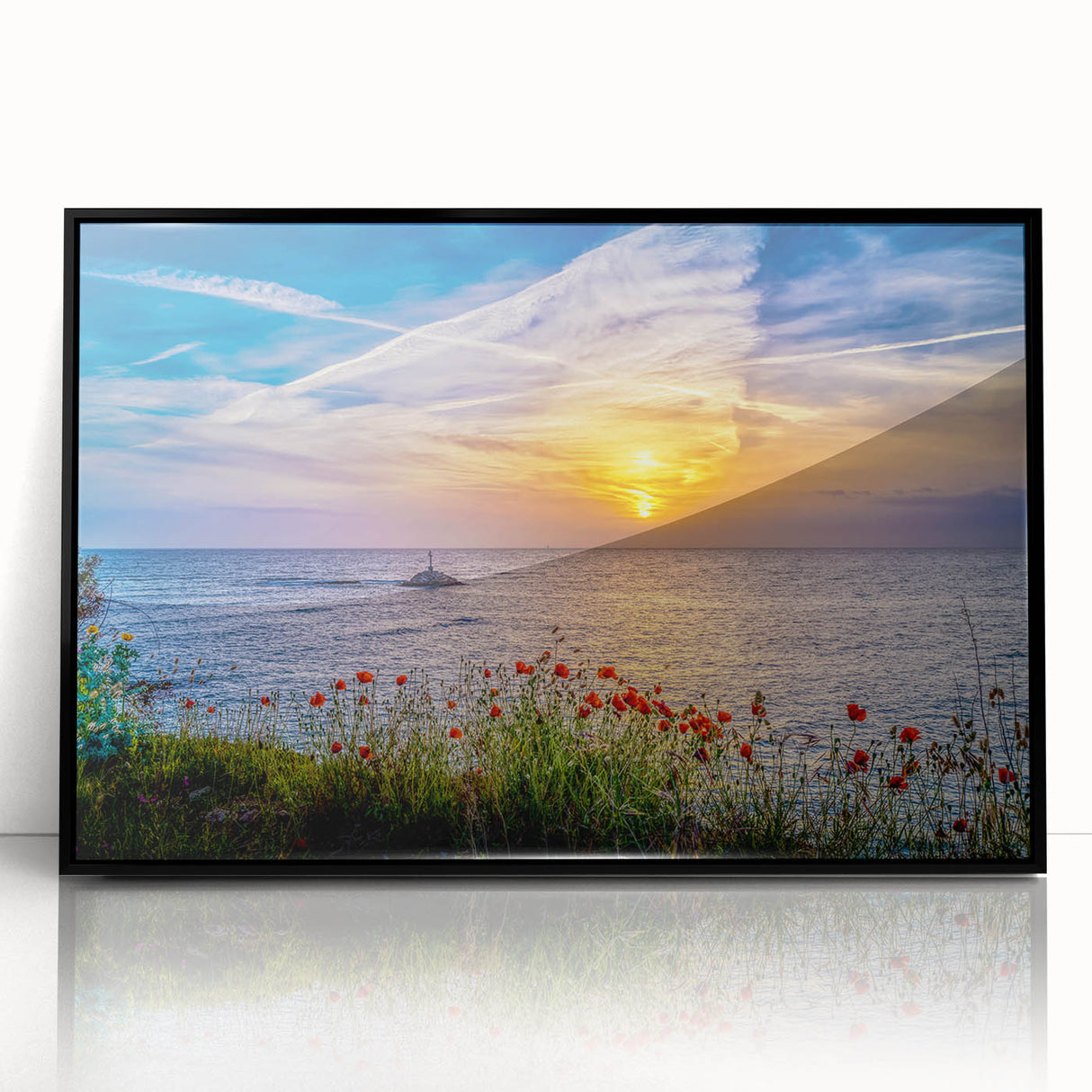 Large abstract wall art depicting a Montenegro landscape in muted earth tones, framed in black acrylic.