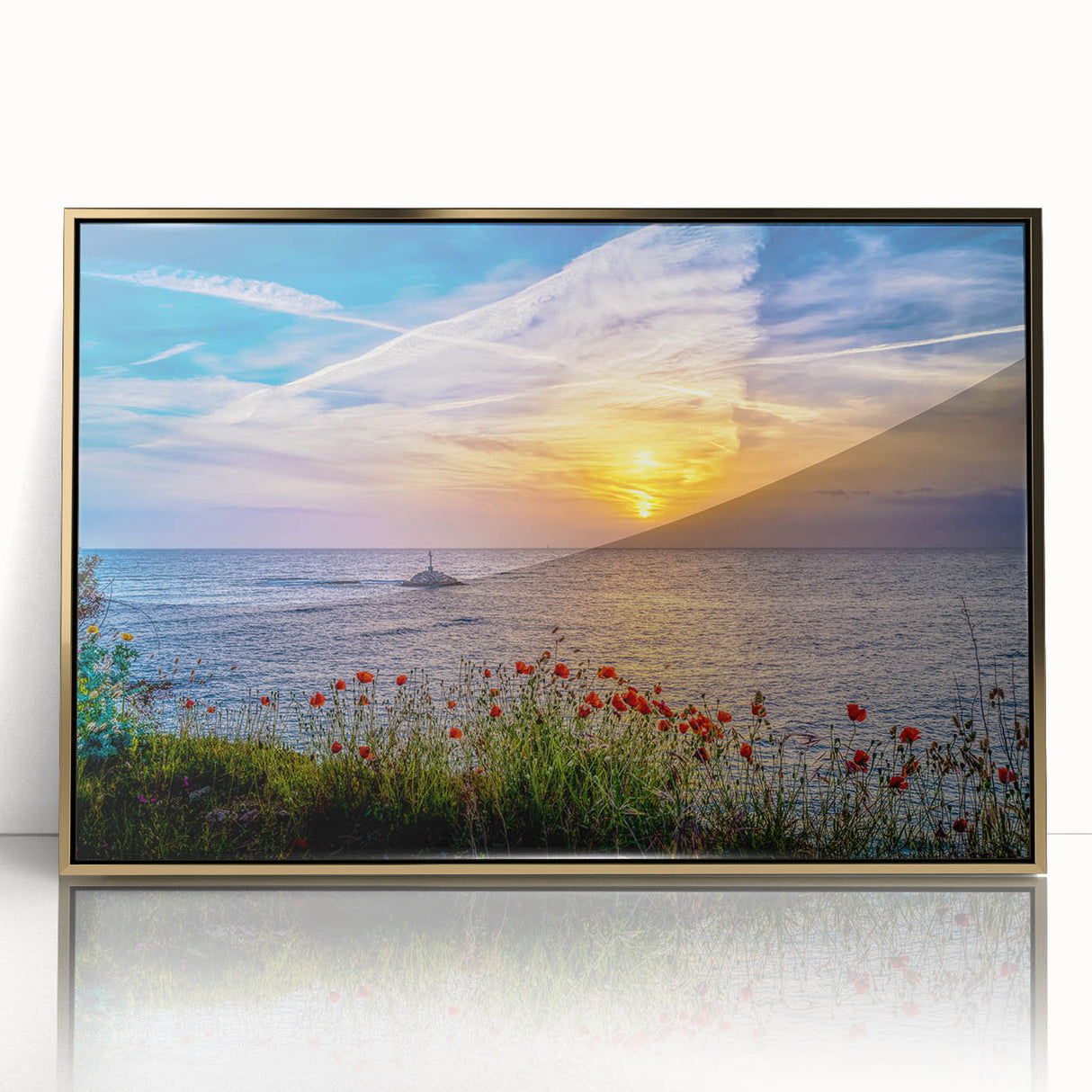 Art deco poster of Montenegro scenery in gold frame, acrylic print, suitable for modern art wall decor in a nursery.