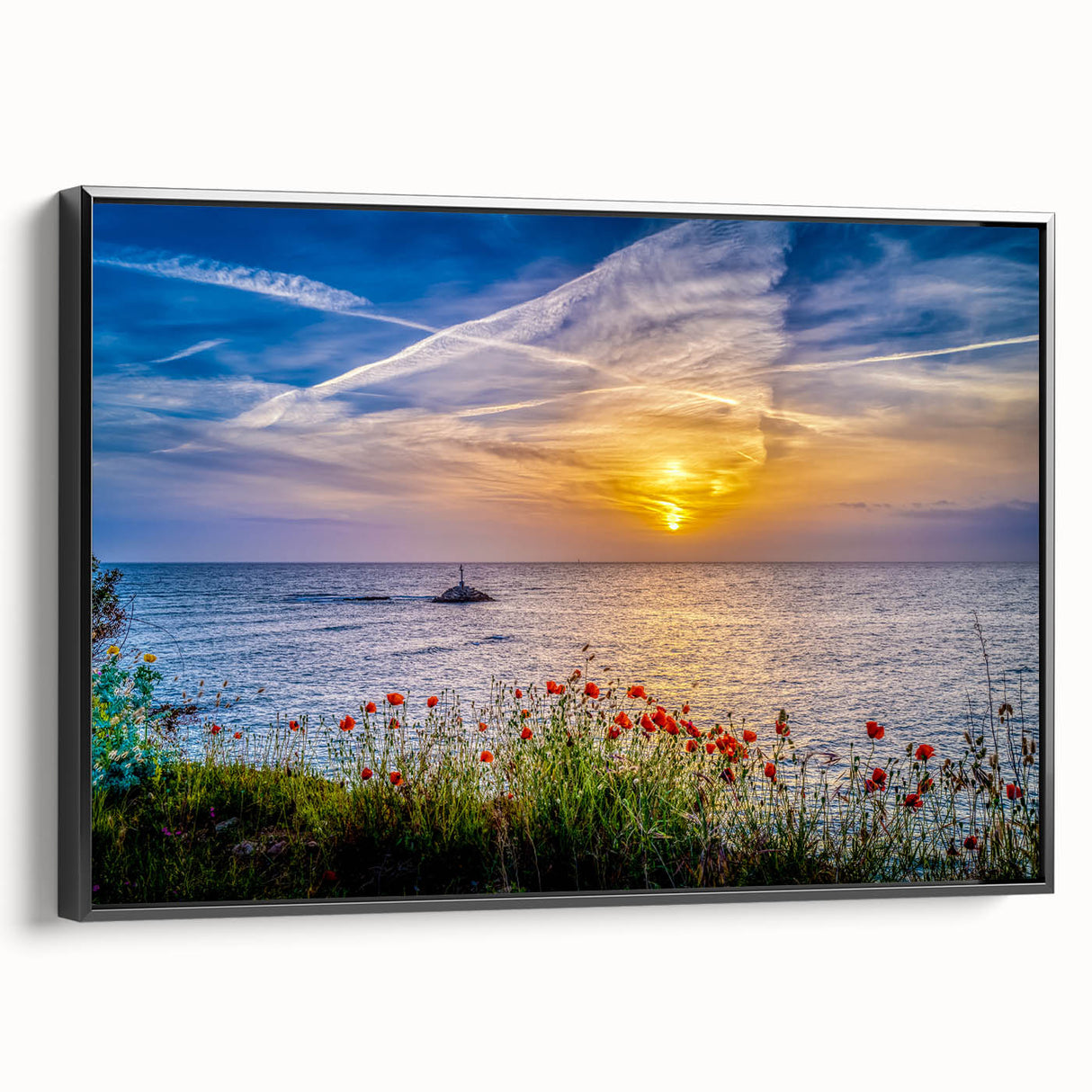 Black and white framed canvas of a Montenegro landscape, ideal for bedroom wall art.