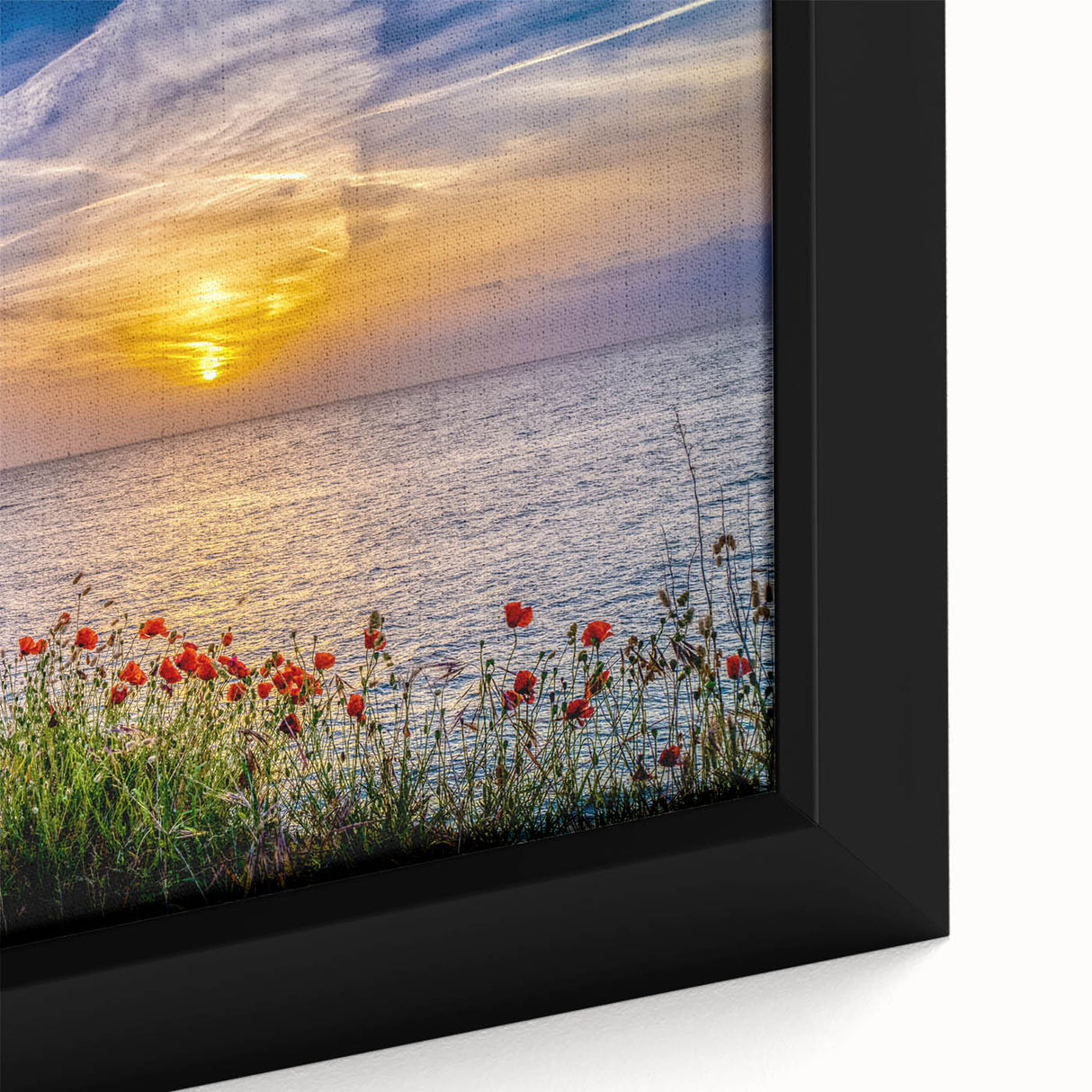 Extra large framed canvas of a Montenegro scenery in vibrant colors with textured black details, ideal for living room decor.