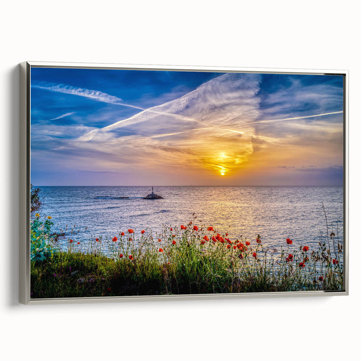 Landscape art painting of Montenegro on framed canvas, featuring vibrant colors with black accents.