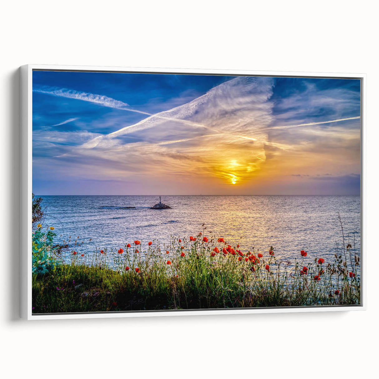 Vintage poster art of a Montenegro scenery on framed canvas, featuring vibrant colors, ideal for living room decor.