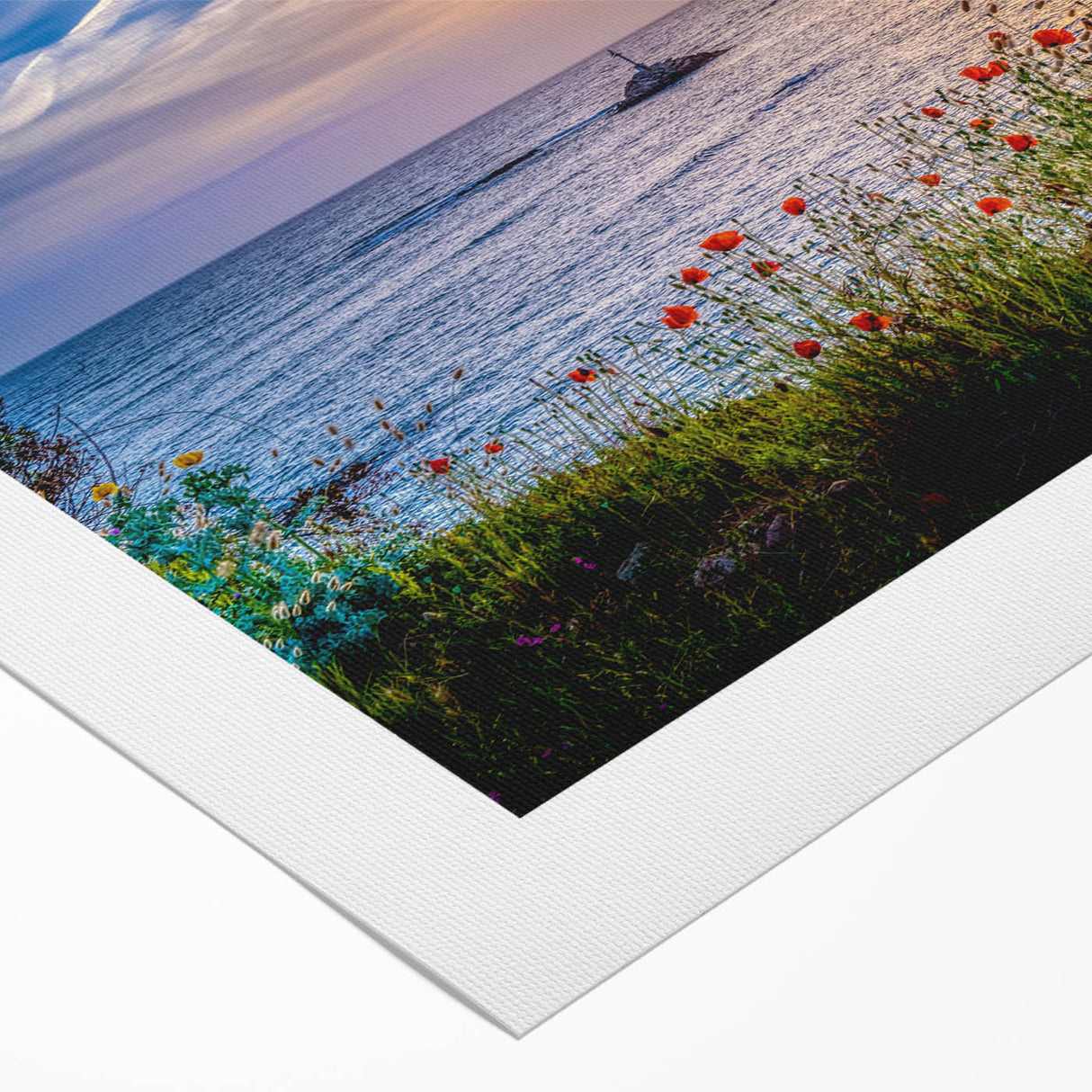 Art deco poster of Montenegro scenery in muted blue and green tones on rolled canvas, suitable for dining room wall art.