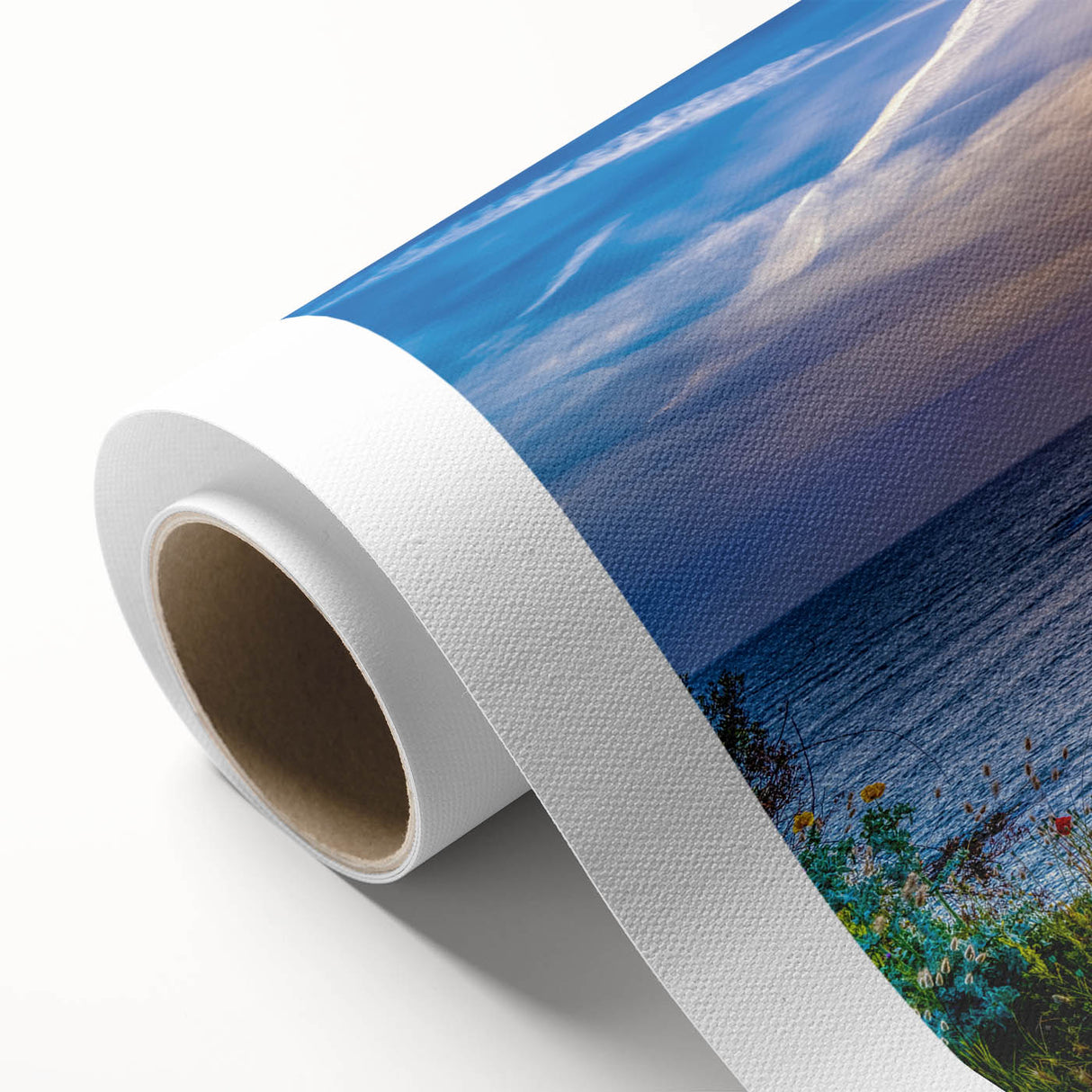 Art Deco poster of a scenic Montenegro landscape on rolled canvas, in pastel shades, ideal for nursery wall art.
