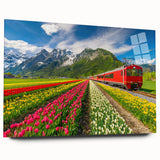 Large abstract wall art of a European scenery in muted earth tones, printed on acrylic glass.