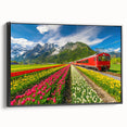 Black and white wall art featuring a vintage poster-style landscape of the Netherlands on framed canvas.