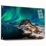 Acrylic print of a serene Norwegian landscape, featuring muted green and blue tones, ideal for bedroom or dining room decor.