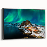 Black and white wall art featuring a vintage poster art style landscape of Norway, ideal for bedroom decor, framed canvas.