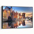 Black and white landscape art of a European city on framed canvas, ideal for bedroom wall decor.