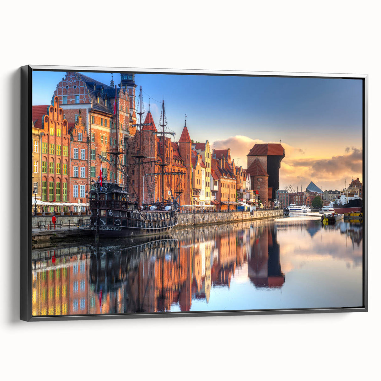 Black and white landscape art of a European city on framed canvas, ideal for bedroom wall decor.