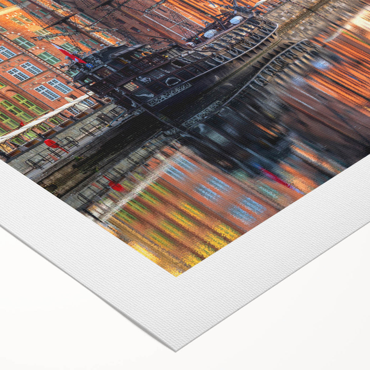 Art deco poster of a European cityscape in muted blue and gray tones on rolled canvas, suitable for dining room decor.
