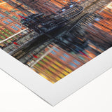 Art deco poster of a European cityscape in muted blue and gray tones on rolled canvas, suitable for dining room decor.