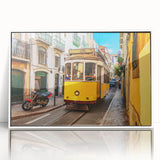 Mid-century modernist art depicting Lisbon scenery in muted earth tones on a framed acrylic panel.