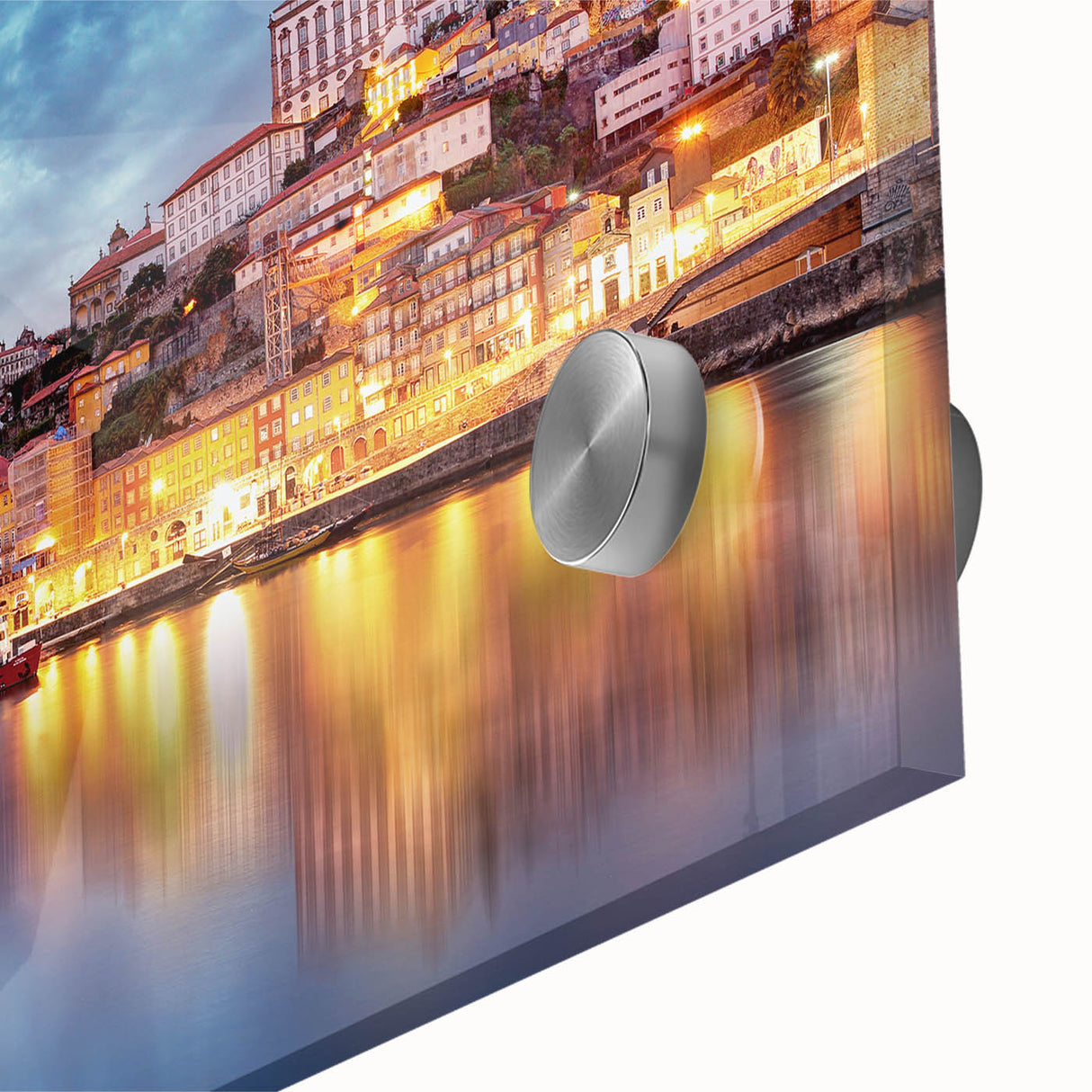 Large abstract wall art of Porto, Portugal in muted blue and orange tones on acrylic glass.