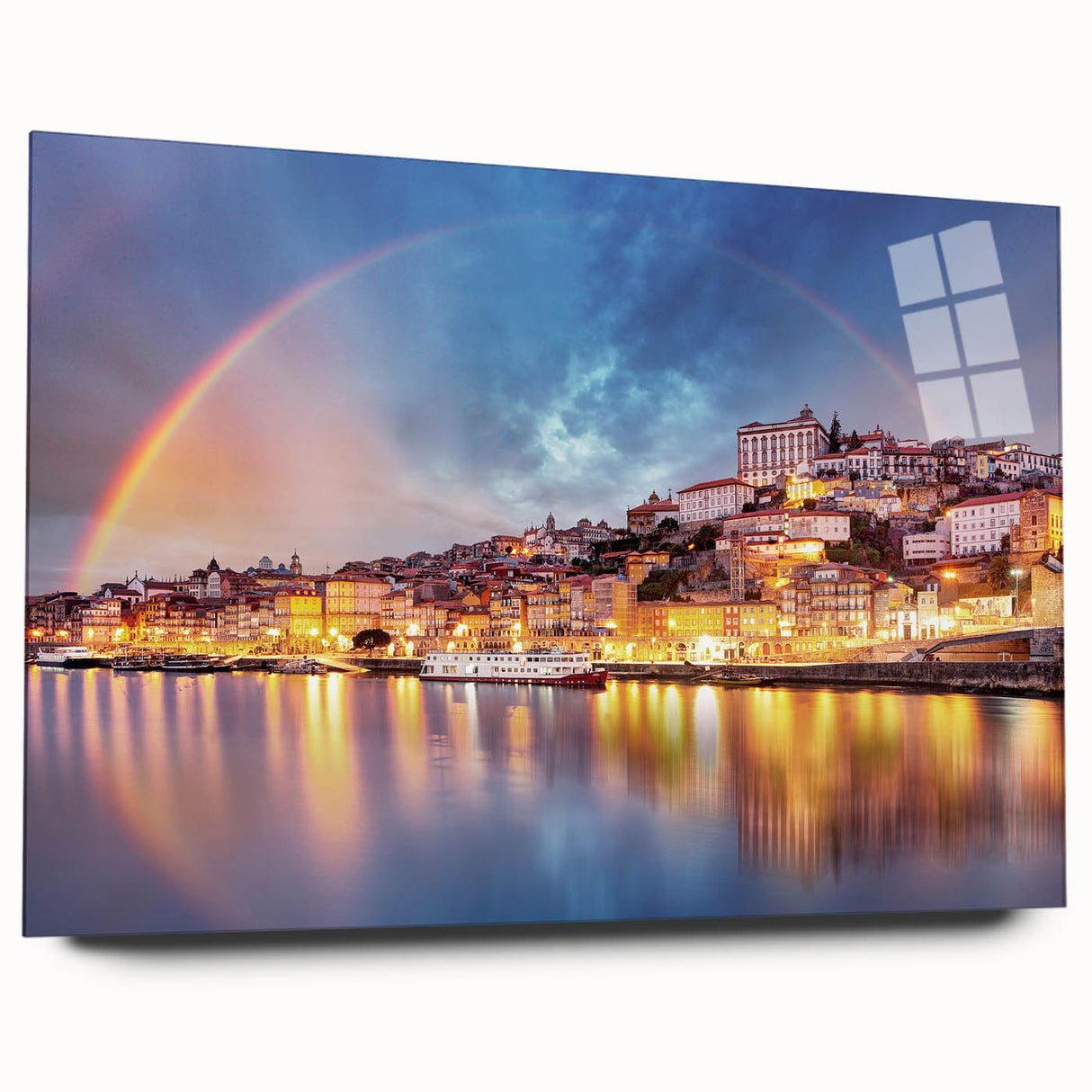 Acrylic print of a large abstract depiction of Porto's skyline in muted blue and gray tones.