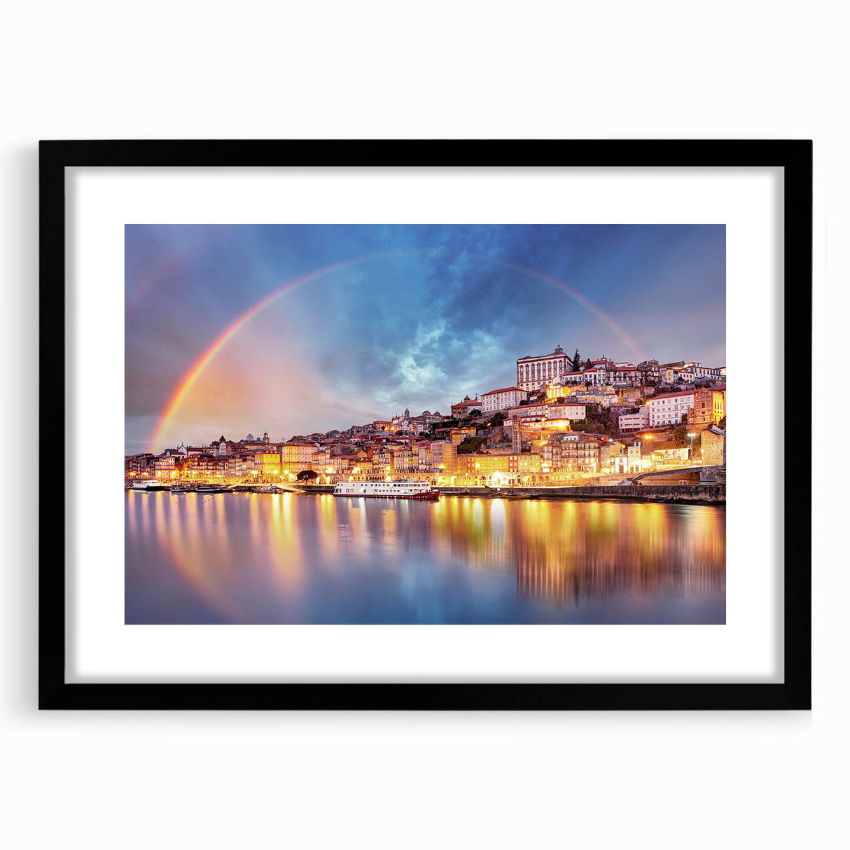 Abstract art print of Porto scenery in vibrant colors on a black framed mat, ideal for living room decor.