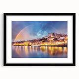 Abstract art print of Porto scenery in vibrant colors on a black framed mat, ideal for living room decor.