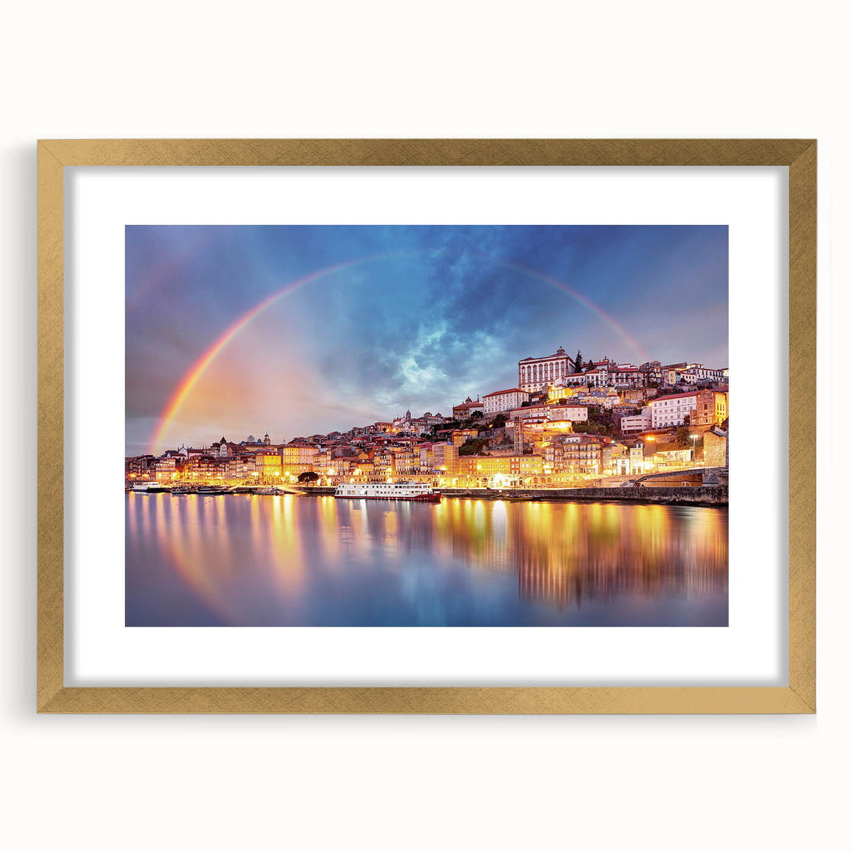 Abstract art print of Porto, Portugal in muted gold and blue tones, framed with a gold mat, suitable for dining room decor.