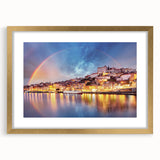 Abstract art print of Porto, Portugal in muted gold and blue tones, framed with a gold mat, suitable for dining room decor.