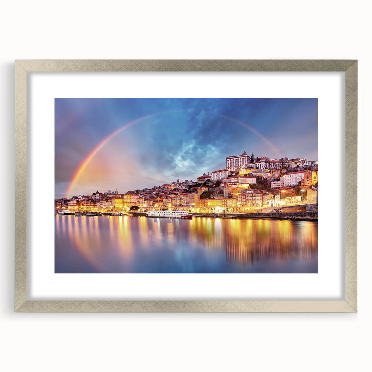 Extra large abstract art print of Porto, Portugal in textured silver frame, featuring muted blue and gray tones.