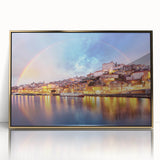 Art deco poster of Porto, Portugal in muted gold and blue tones on framed acrylic, suitable for modern art wall decor.