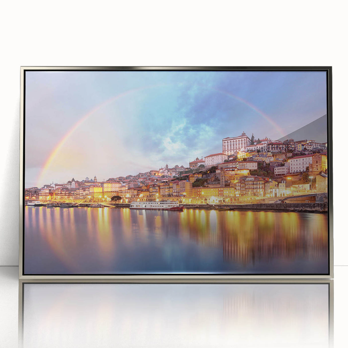 Large acrylic print of Porto scenery in silver frame, featuring rich blue and white tones, ideal for modern art wall decor.