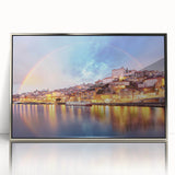 Large acrylic print of Porto scenery in silver frame, featuring rich blue and white tones, ideal for modern art wall decor.