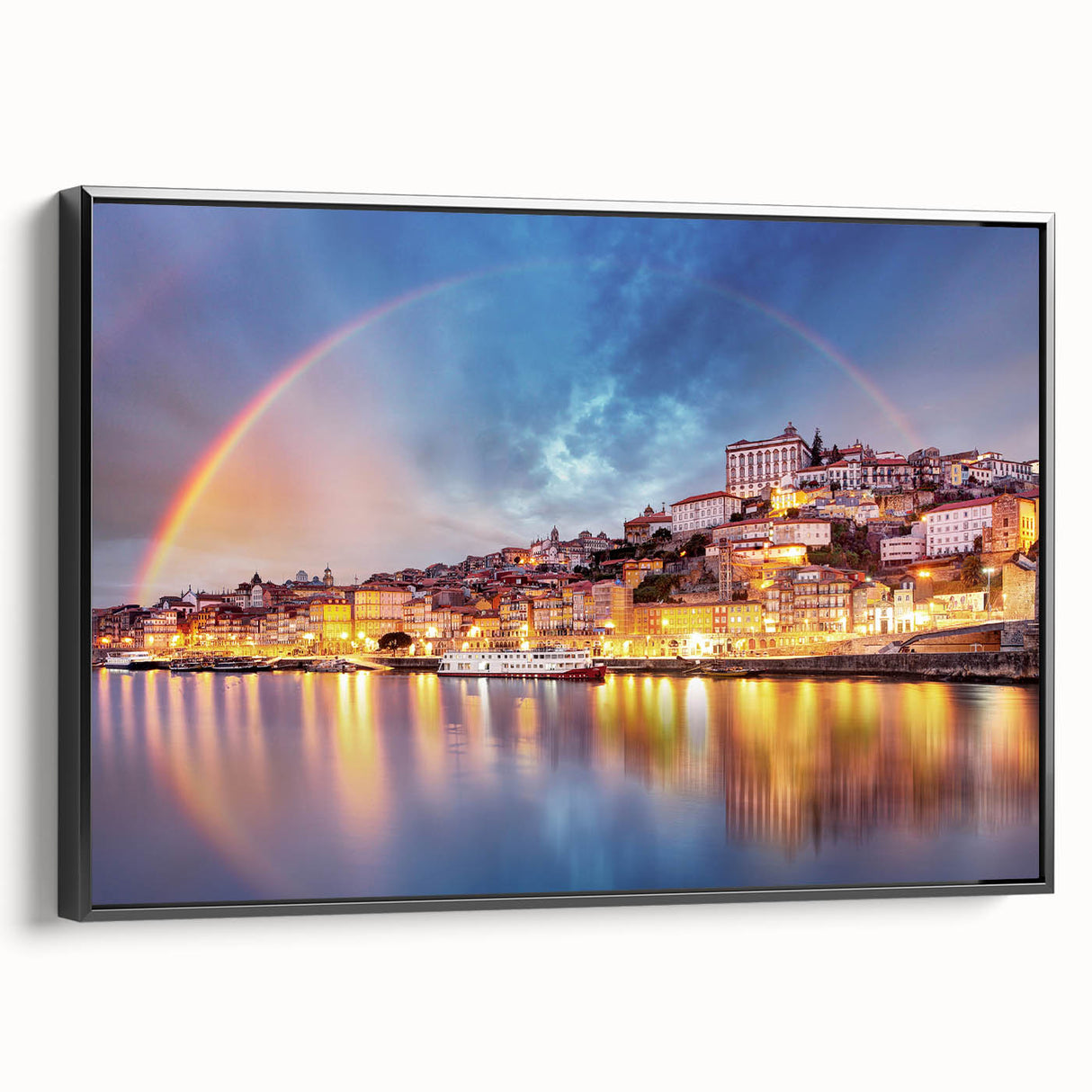 Black and white framed canvas of Porto landscape, ideal for bedroom wall decor, in a vintage poster style.