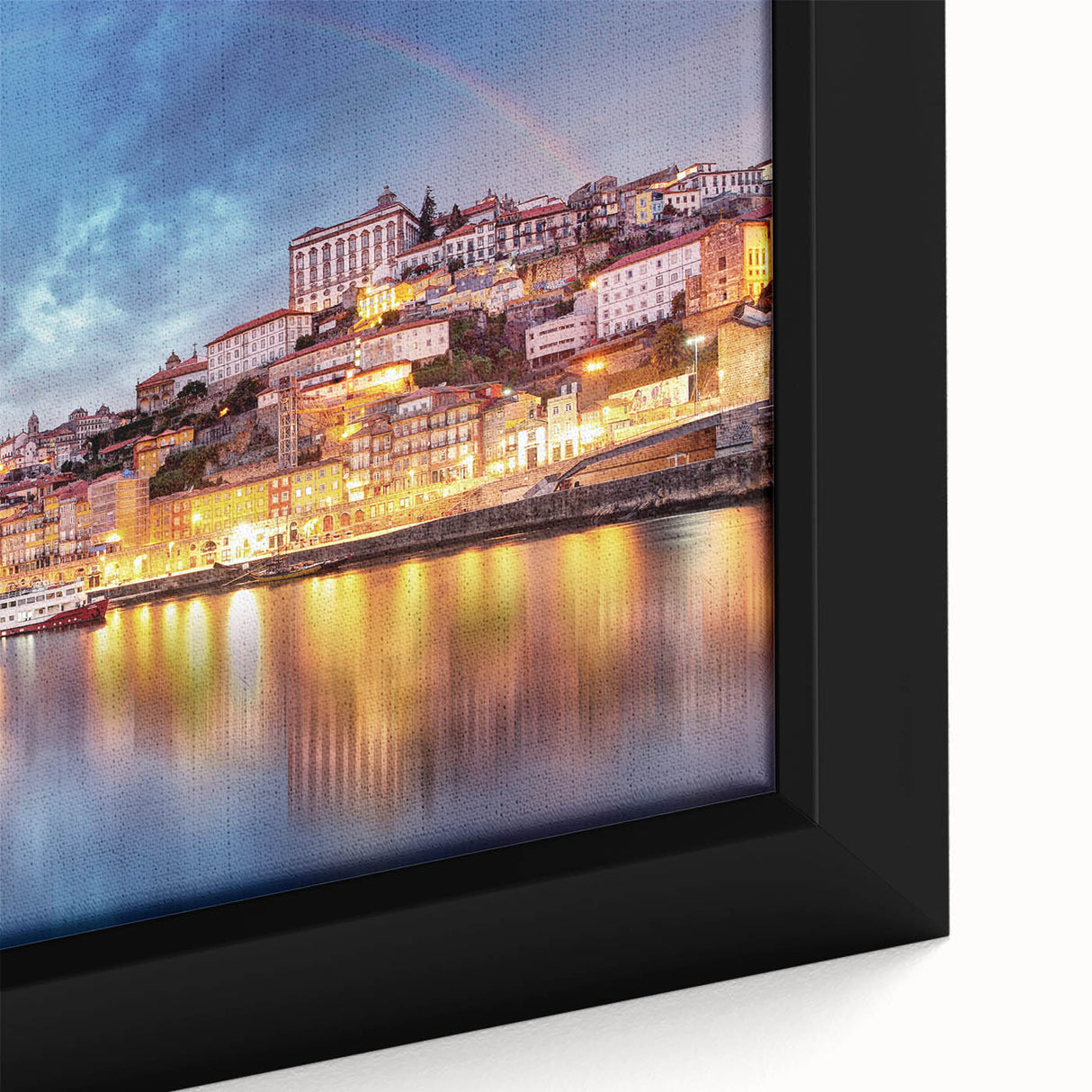 Extra large black wall art depicting Porto, Portugal with colorful, textured strokes on a framed canvas.