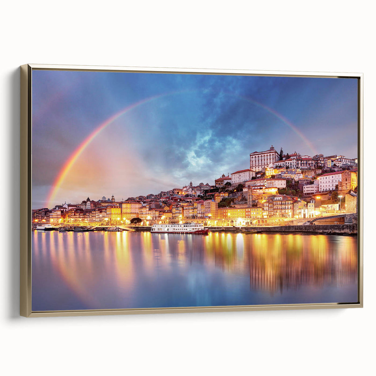 Framed canvas of a vintage-style Porto landscape in black and gold tones, ideal for bedroom wall art.