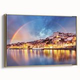 Framed canvas of a vintage-style Porto landscape in black and gold tones, ideal for bedroom wall art.