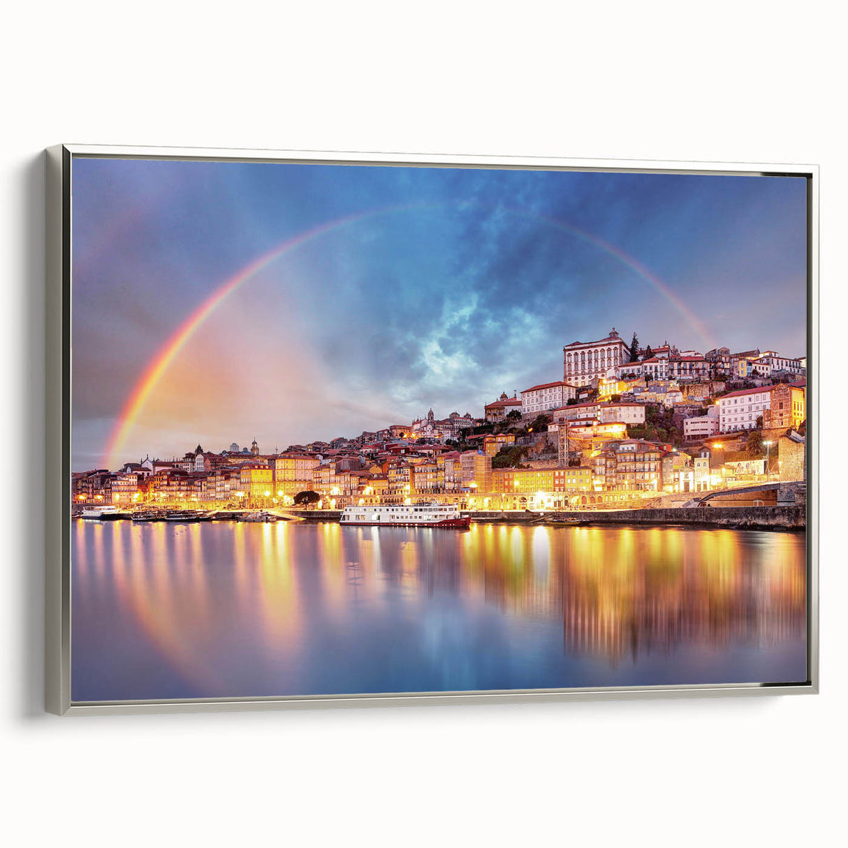 Landscape art painting of Porto, Portugal on framed canvas, featuring colorful and vintage poster art style.