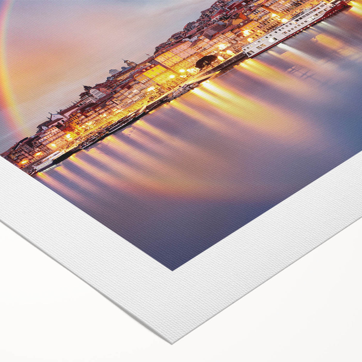 Art deco poster of Porto scenery in muted blues and grays, printed on rolled canvas, suitable for dining room wall art.