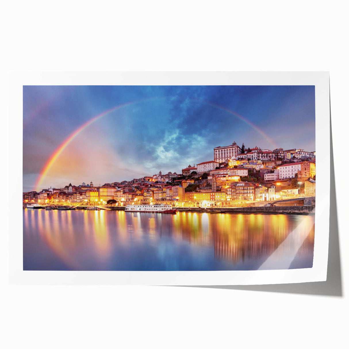 Rolled print of Porto, Portugal scenery with vibrant waterfront colors on canvas, ideal for dining room wall art.