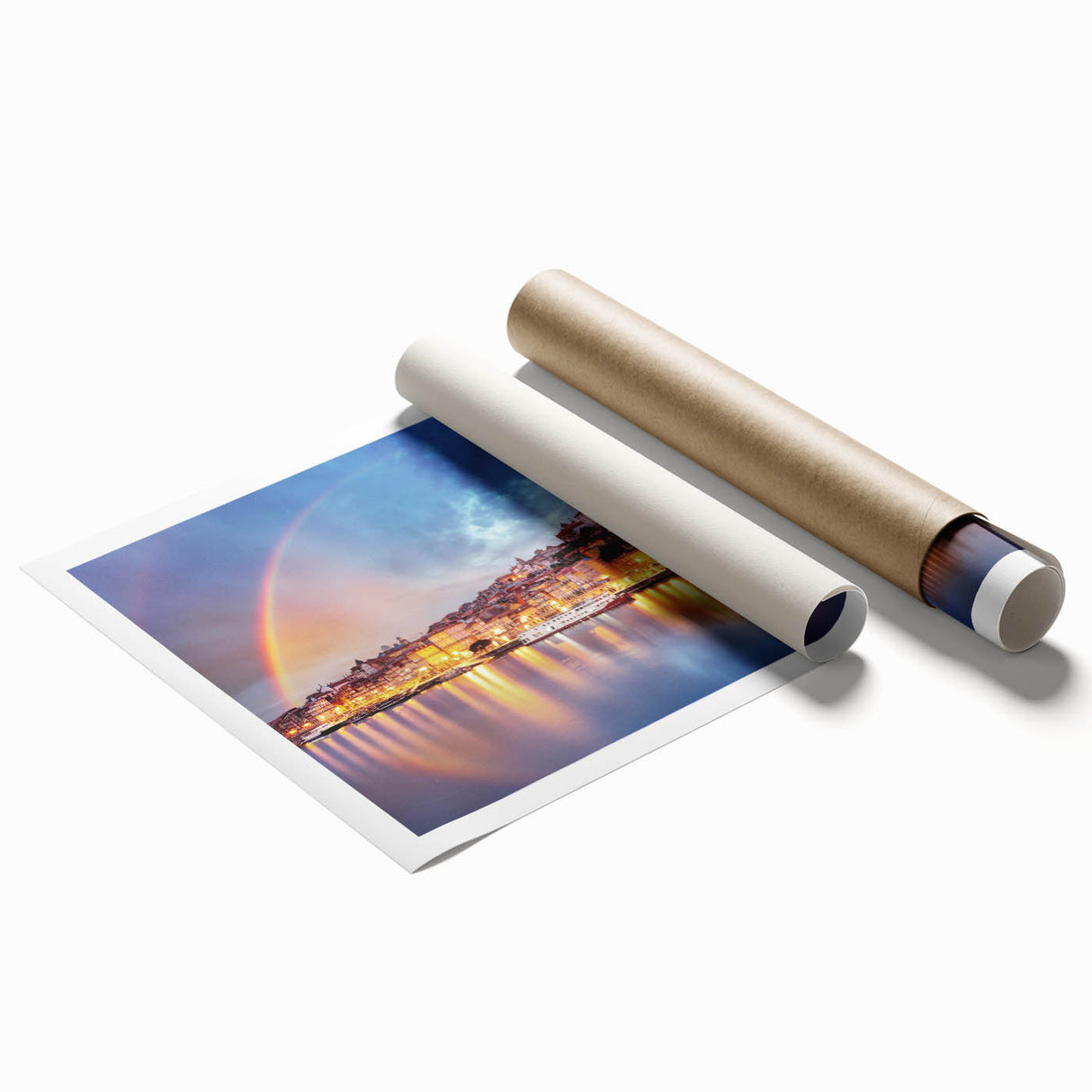 Extra large rolled print of Porto, Portugal scenery with floral accents in muted colors, ideal for classy bathroom wall art.
