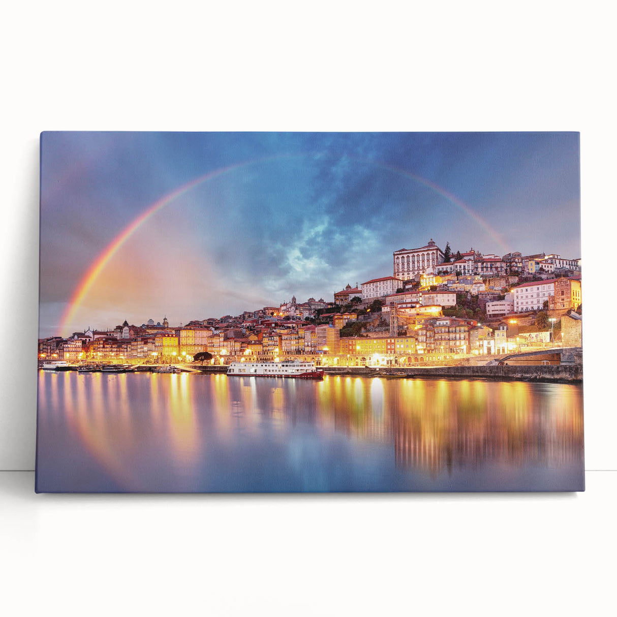 Black and white photograph of Porto's riverside on stretched canvas, ideal for kitchen wall art.