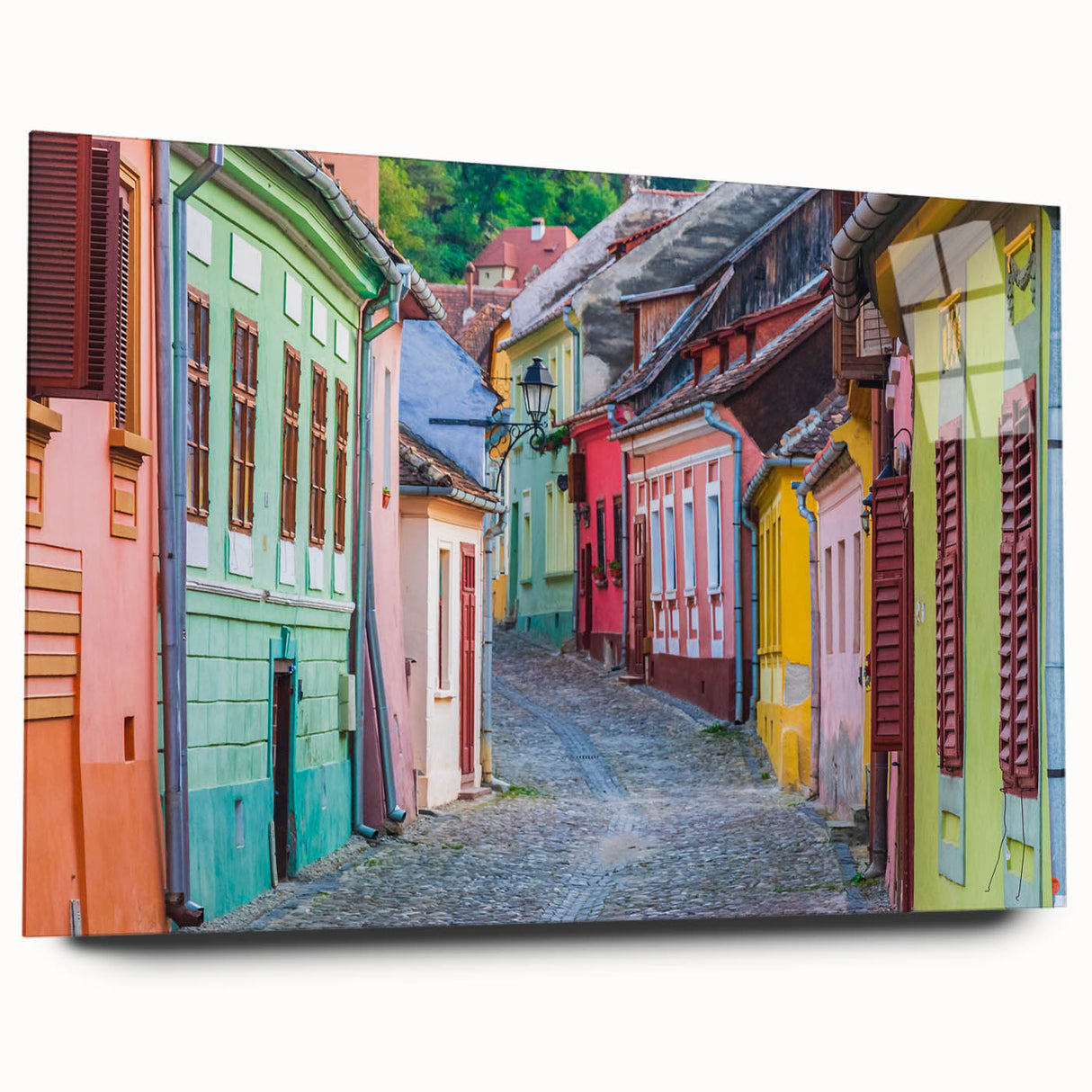Acrylic print of a large abstract depiction of a European landscape in muted earth tones.