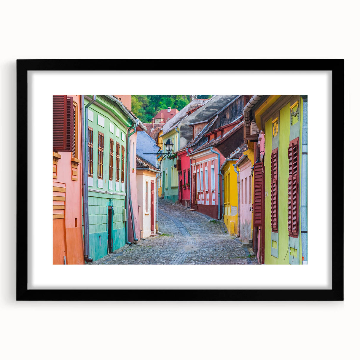 Extra large abstract art print of colorful, textured European scenery on a framed black mat, ideal for living room decor.