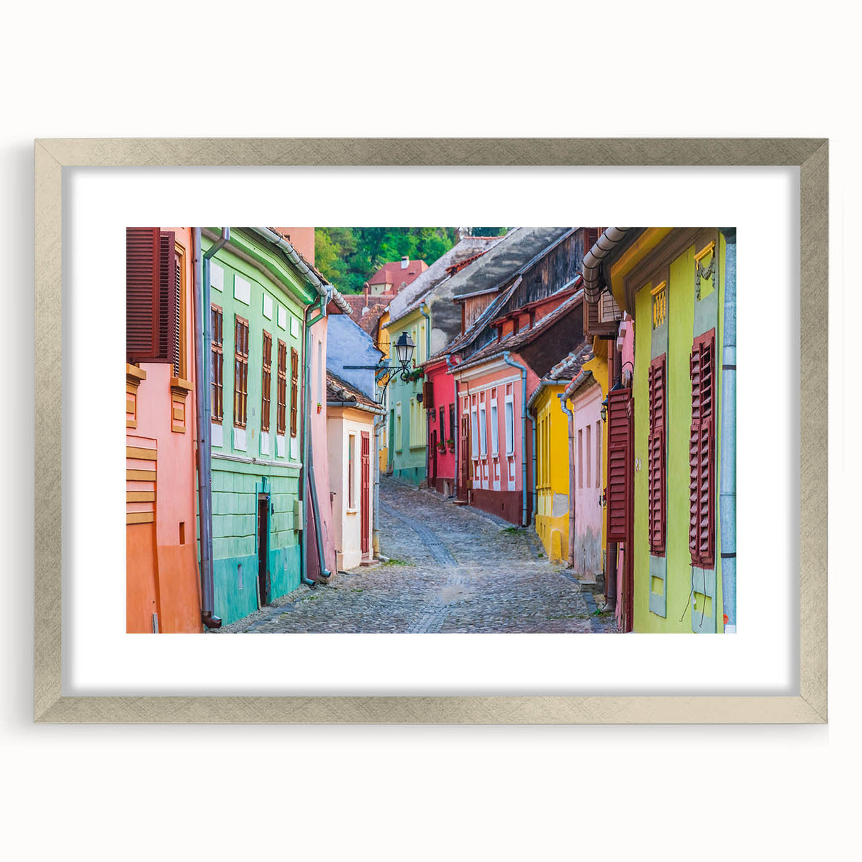 Extra large abstract art print depicting a textured European scenery in muted earth tones, framed in silver.