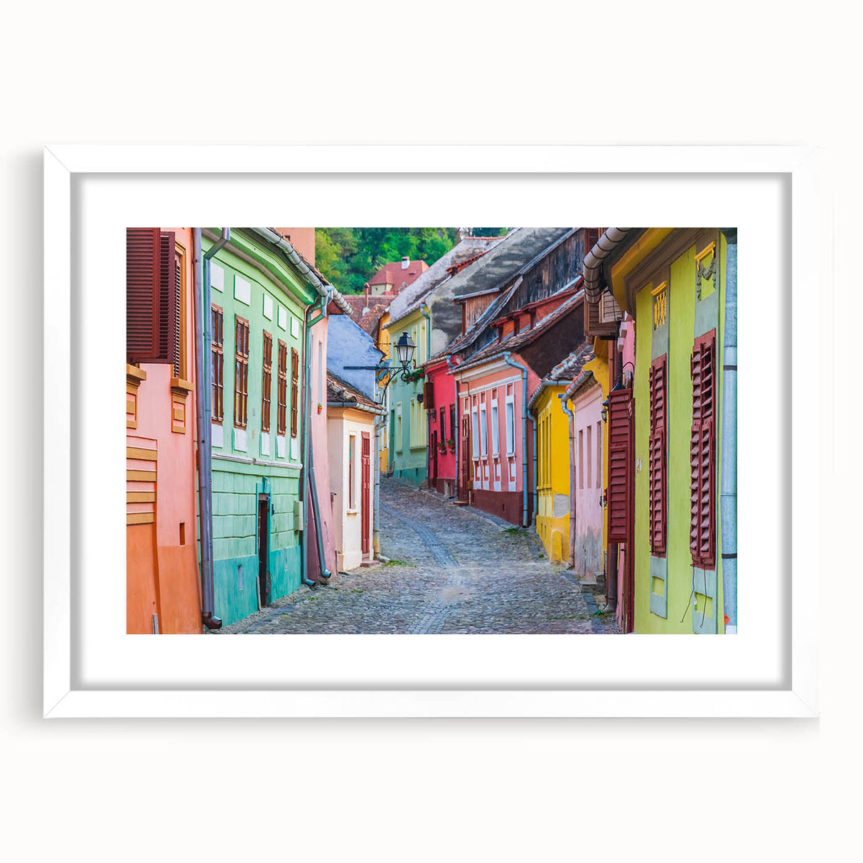 Textured art of abstract European scenery in a white frame, ideal for bedroom art, featuring soft gray and blue tones.