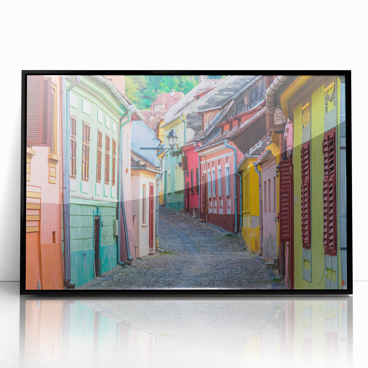 Large abstract wall art depicting a European Romanian scenery in muted earth tones on a framed acrylic.