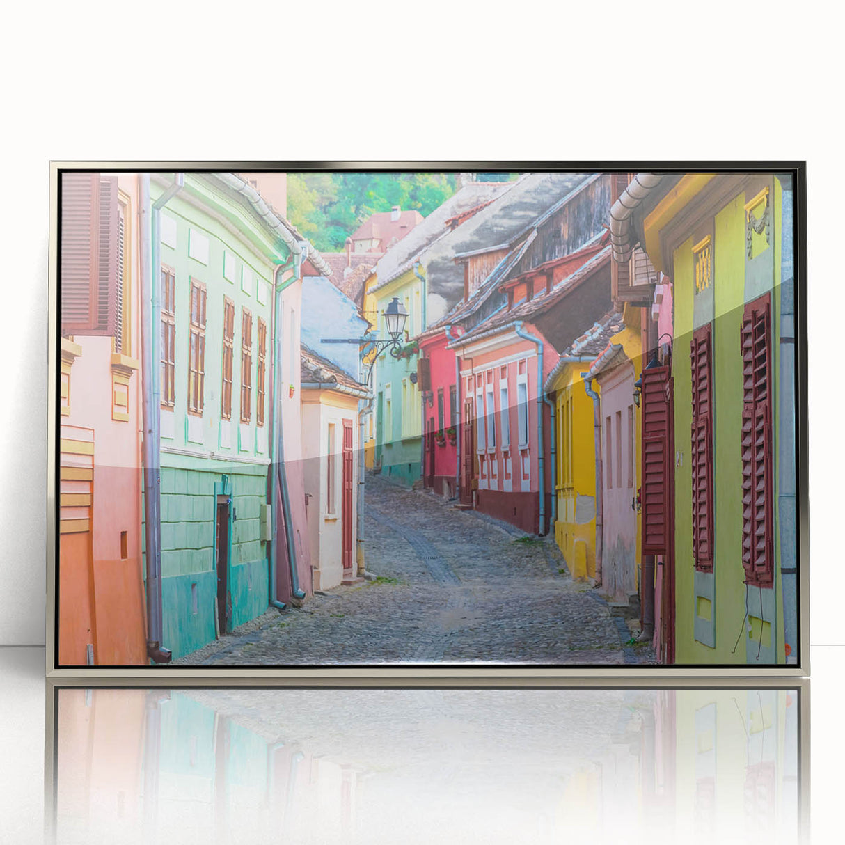 Large art print of a Romanian landscape in muted earth tones on a framed acrylic, suitable for modern art wall decor.