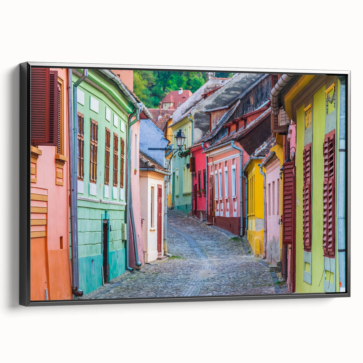 Black and white framed canvas of a Romanian landscape, ideal for bedroom wall decor.
