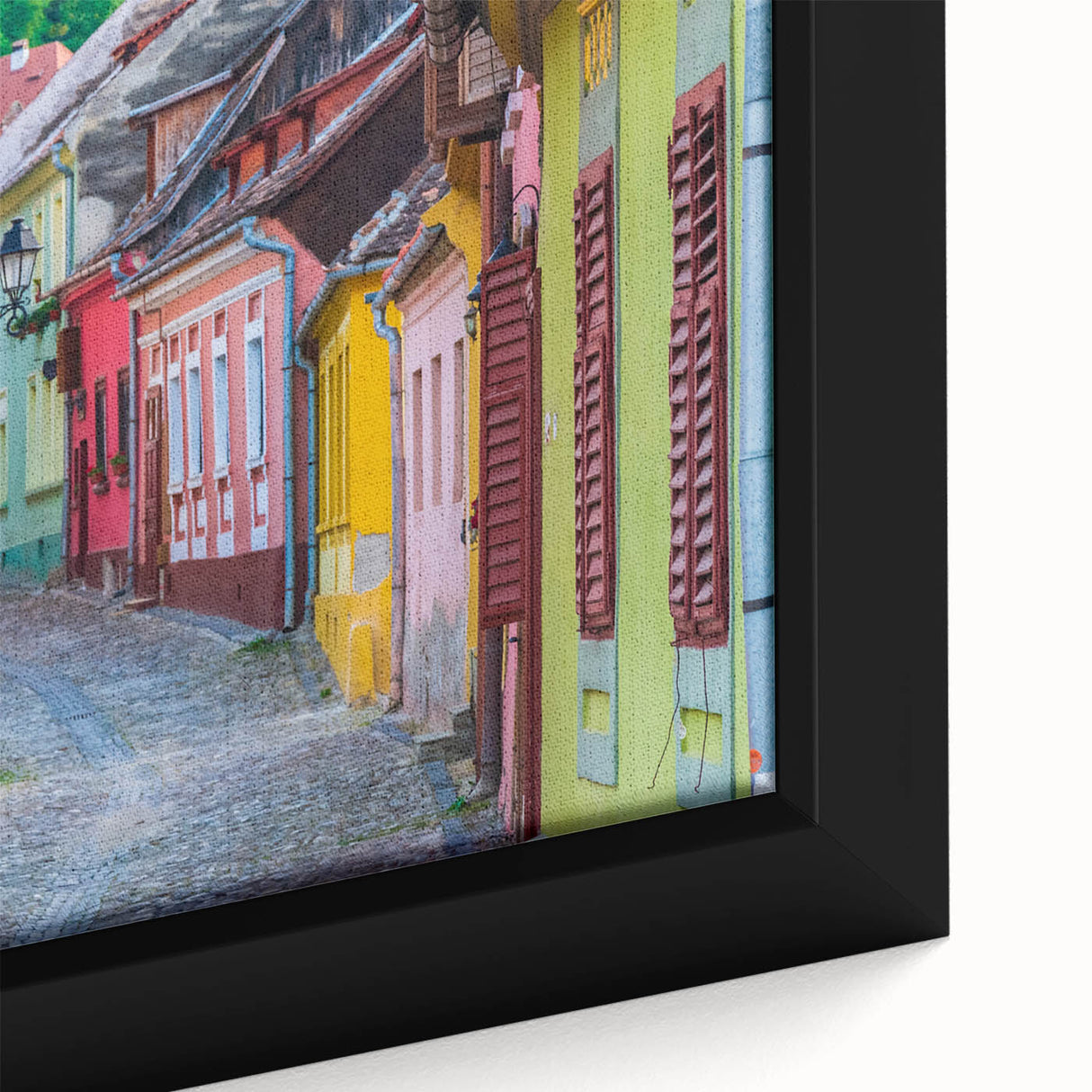 Black wall art of a Romanian landscape on framed canvas, featuring textured, colorful art in extra large size.
