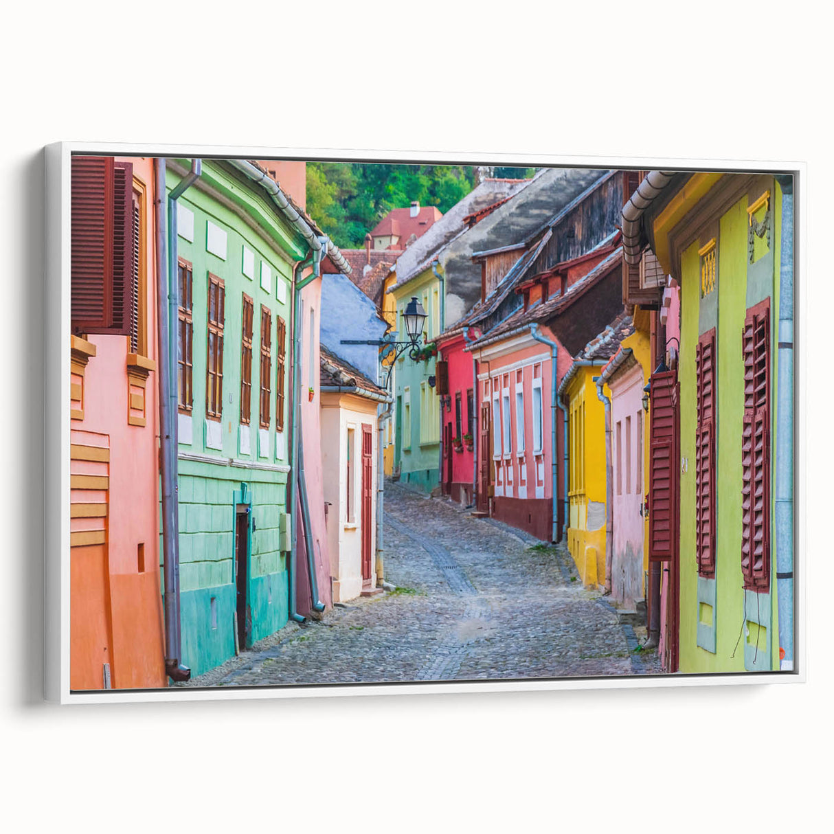 Vintage poster art of a Romanian landscape in vibrant colors on a large framed canvas, ideal for living room decor.