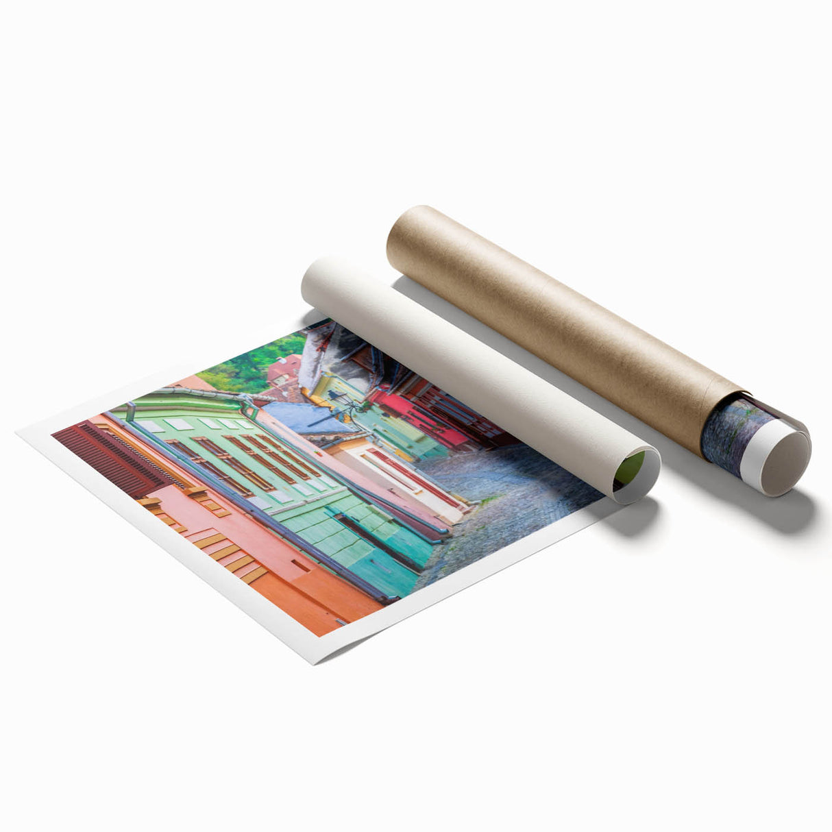 Rolled print of a Romanian landscape featuring lush greenery and floral accents, ideal for classy bathroom wall art.