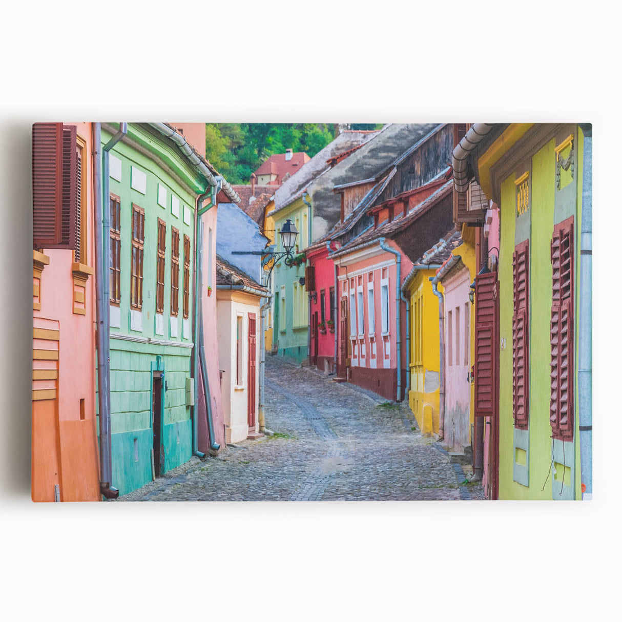 Black and white photo of a scenic Romanian village on stretched canvas, ideal for kitchen wall art or bedroom decor.