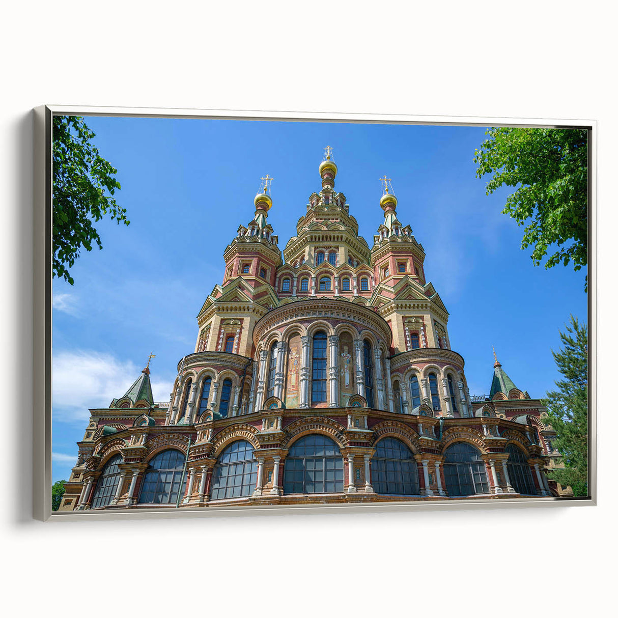 Framed canvas of a vintage poster art depicting a colorful St. Petersburg landscape, ideal for living room decor.